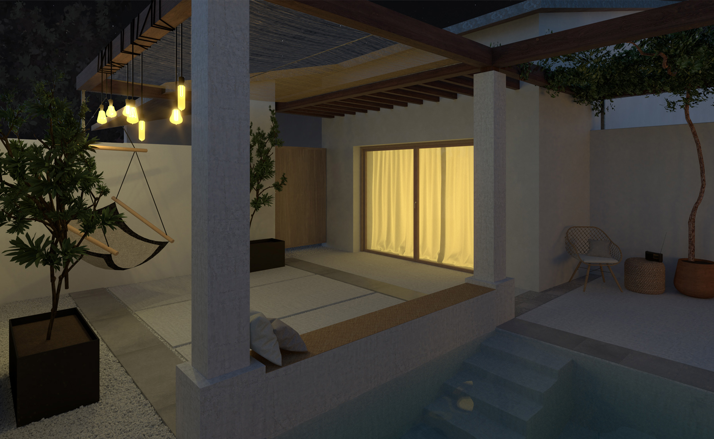 Image d'ambiance nocturne d'un patio avec bassin