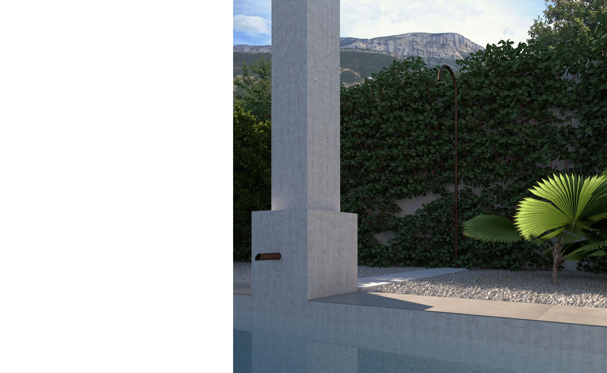 Image d'ambiance diurne d'un patio avec bassin