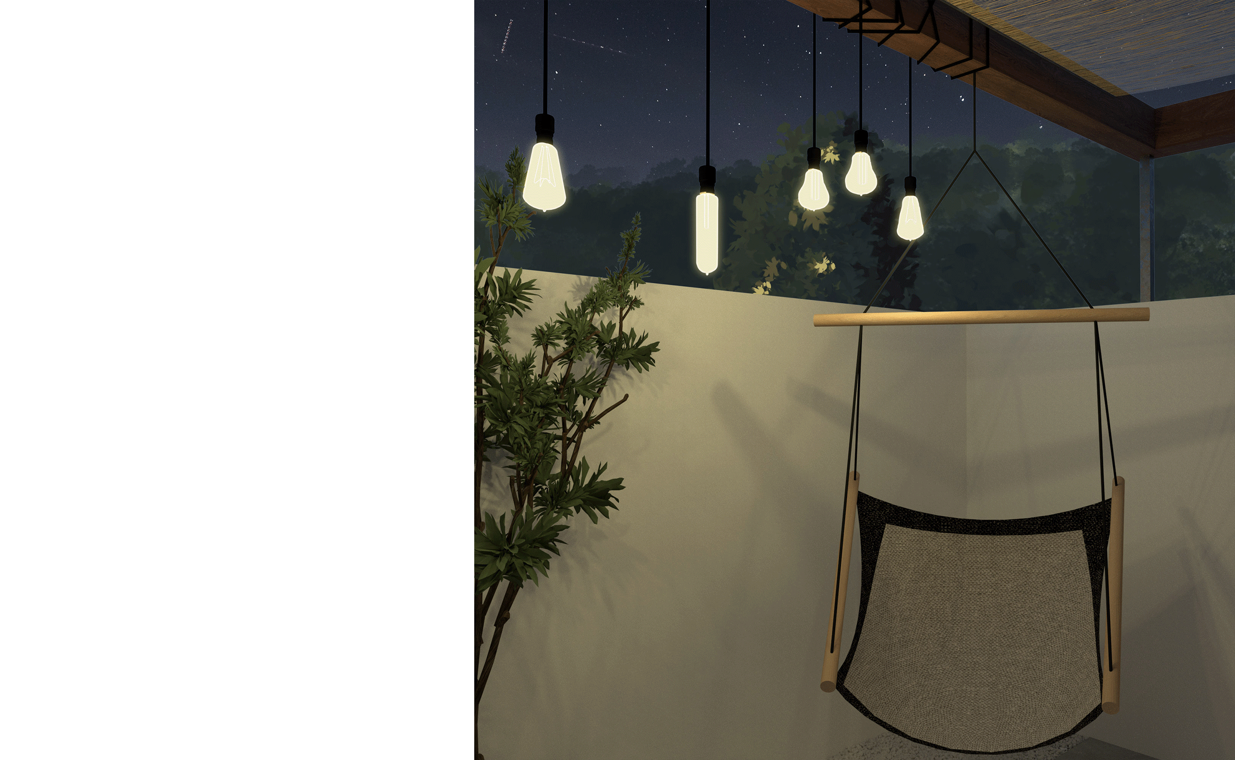 Image d'ambiance nocturne d'un patio avec bassin